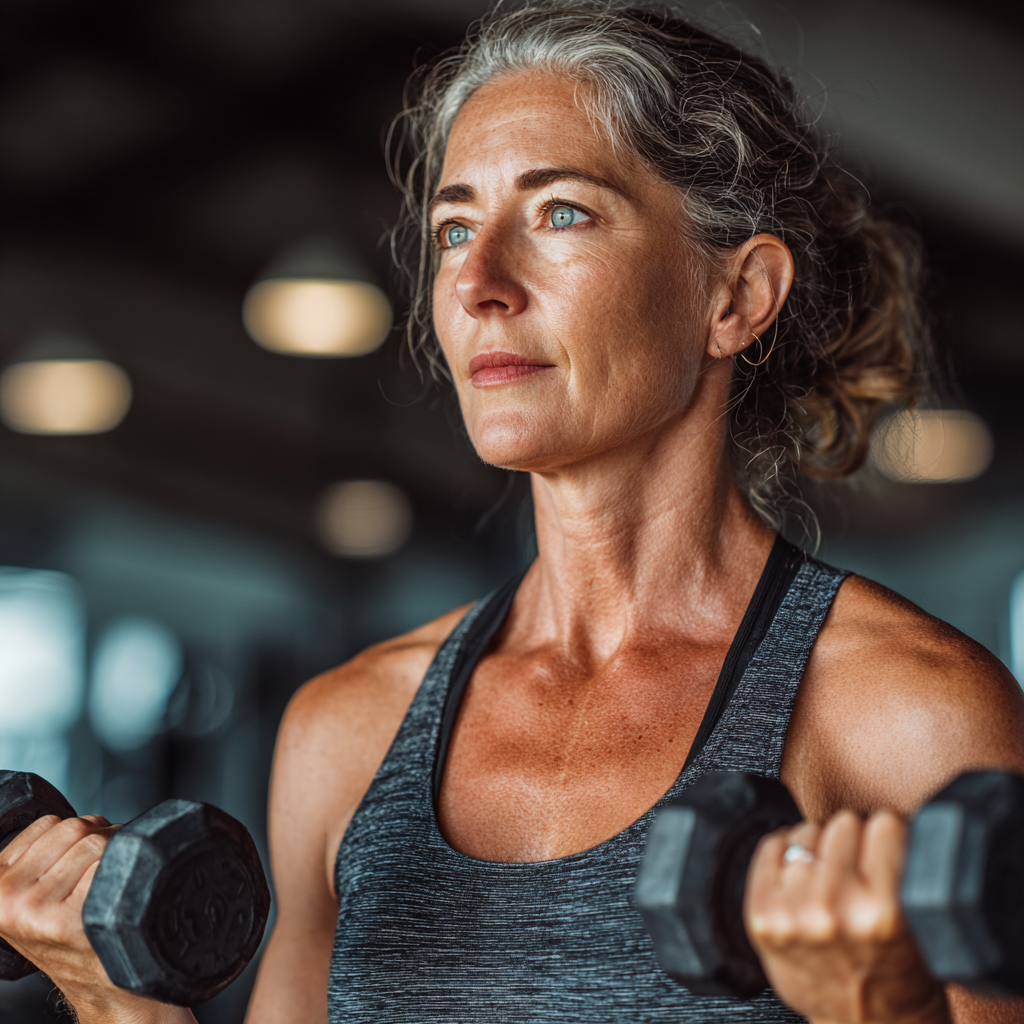 Confident middle-aged woman in workout attire lifting dumbbells in a modern gym with focused determination, representing fitness journey for adults in their forties and fifties