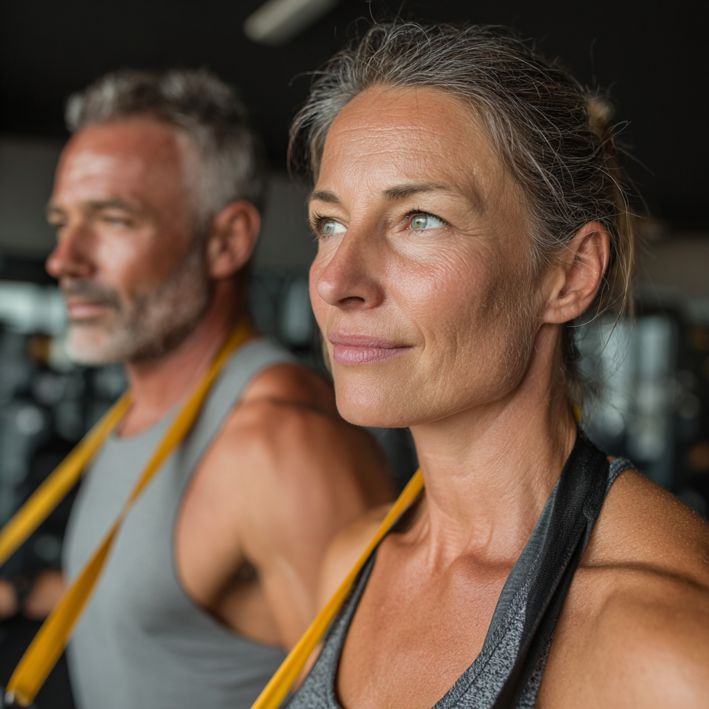 Mature man and woman exercising together with resistance bands in bright fitness studio, showing teamwork and motivation during their fitness journey for people over forty
